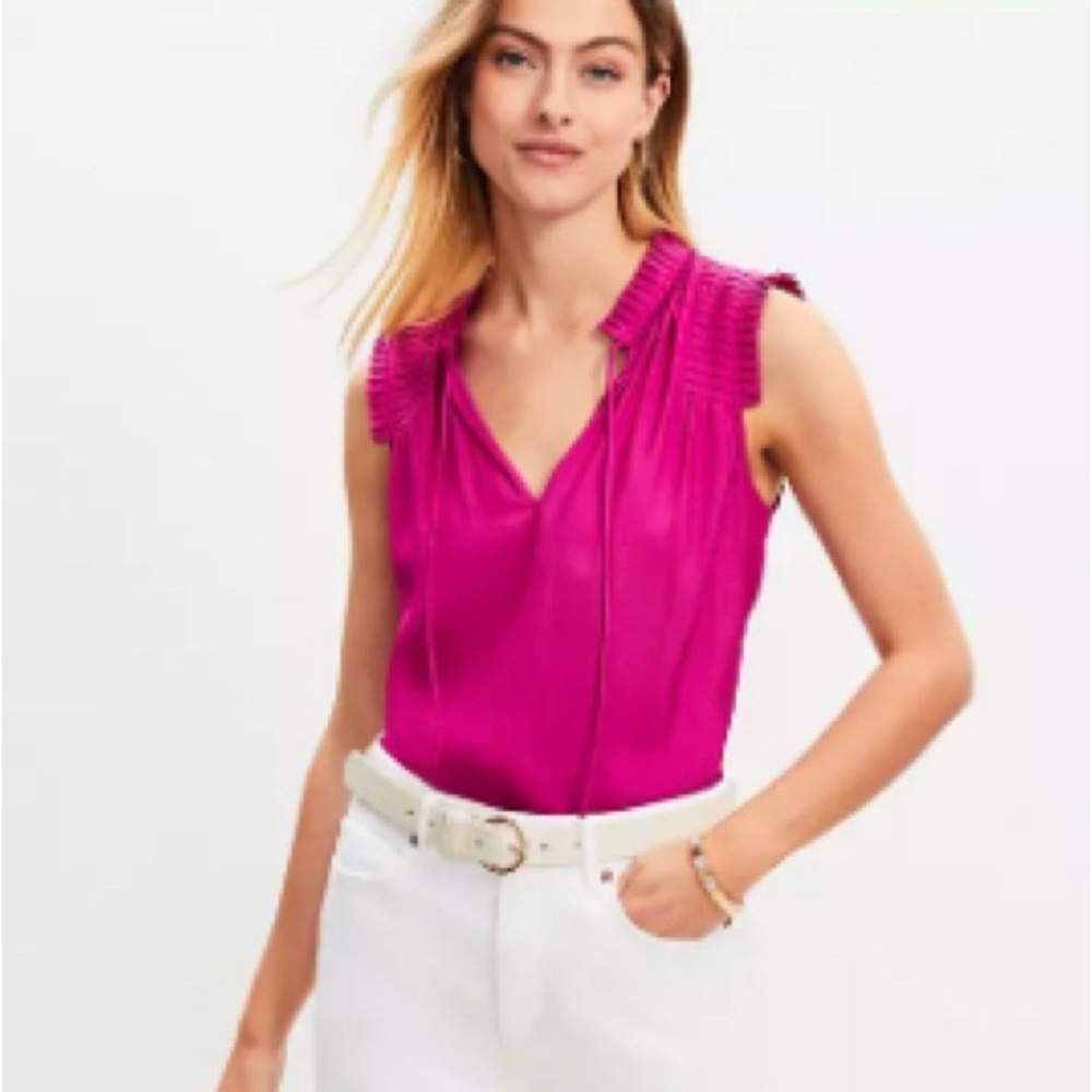 LOFT Pink Ruffled Sleeveless Blouse with Mandarin Collar